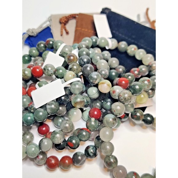 African Bloodstone Stretch Bracelet 8mm round natural stone w/ felt pouch-B818 - Picture 5 of 11
